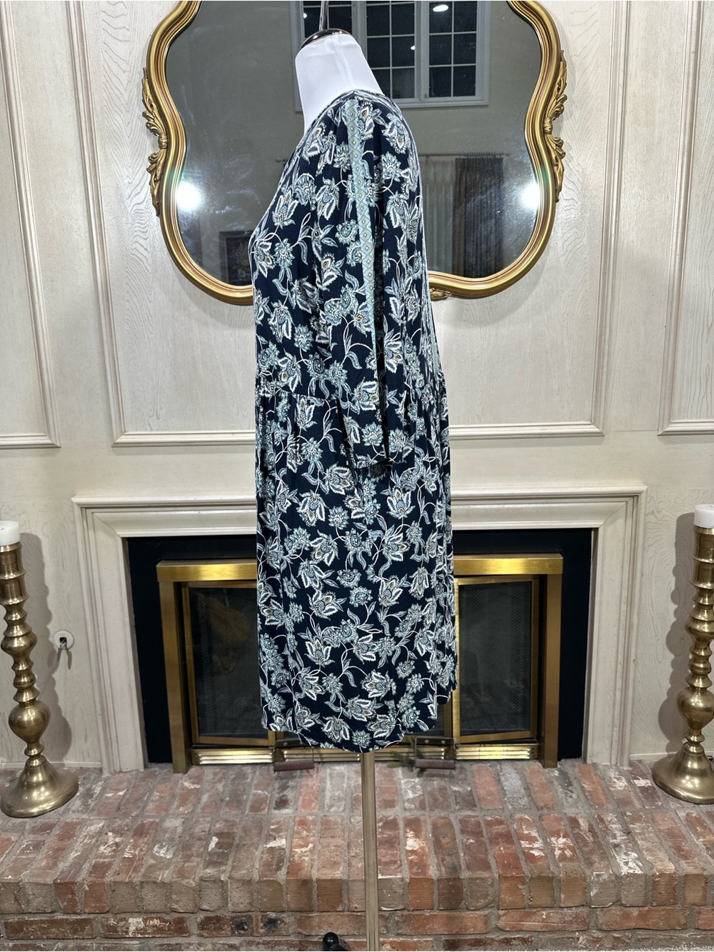 J. Jill Navy Floral Paisley Empire Waist Dress M Petite Boho Cottagecore 3/4 Slv - Picture 3 of 10